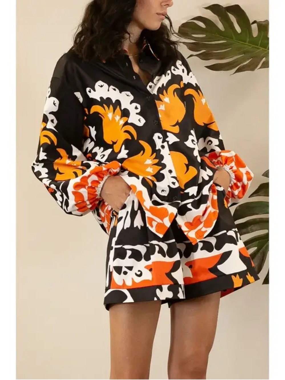 Bold Floral Print Button-Up Top and Matching Shorts - Black & Orange | Size M